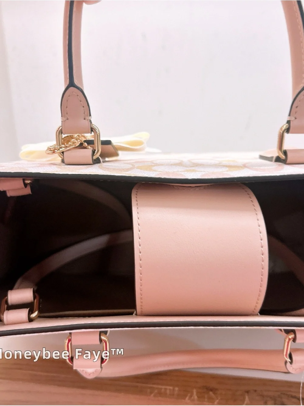 Coach Maggie tote Pink and Cream Signature Tote with Bow Pearl Charm large size